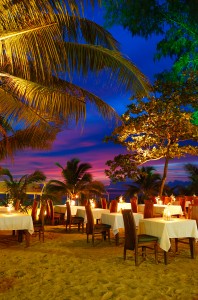 Outdoor restaurant at the beach during sunset, Phuket, Thailand